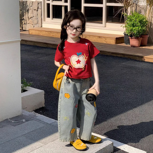 洋气百搭短袖 女童韩版 2026春夏新款 套装 潮 卡通印花T恤上衣牛仔裤