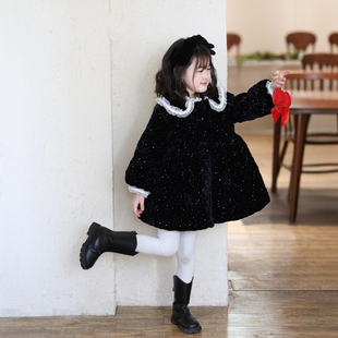 女童闪闪丝绒夹棉娃娃领外套2025冬季新款女孩韩版娃娃衫棉服棉衣