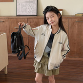 洋气机车外套儿童时髦风衣字母休闲撞色棒球夹克衫 女童春秋装 韩版