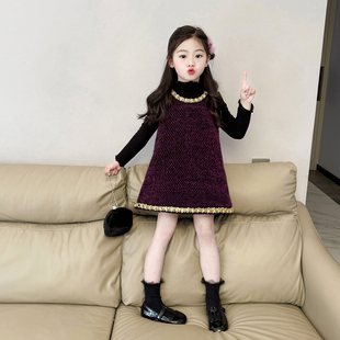 女童贵气紫色夹棉背心裙2025冬季新款小女孩千金香风连衣裙公主裙
