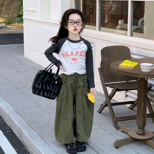 女童长袖t恤2026新款洋气韩版可爱短款修身插肩袖儿童春秋上衣女