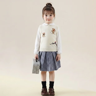 女童春季刺绣针织马甲宝宝洋气背心儿童上衣翻领刺绣衬衫半身裙潮