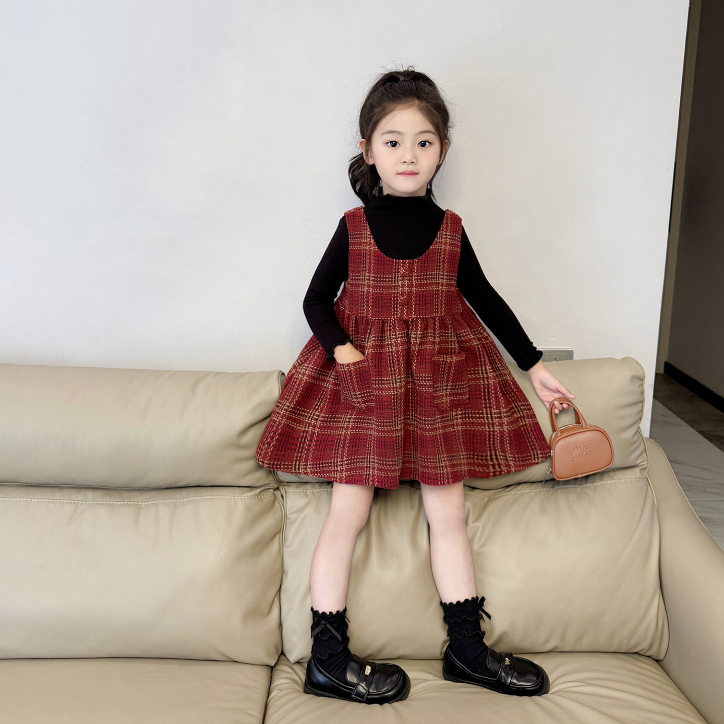 女童加绒格子背心裙连衣裙2025秋冬新款女孩红色格子毛呢公主裙子