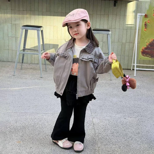 女童外套2026秋季新款女童波点翻领拉链夹克儿童韩版屁帘微喇裤子
