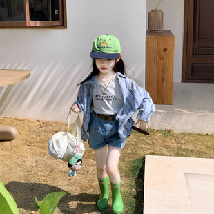 女童格子衬衫春秋季上衣2026新款纯棉衬衣外套儿童春装牛仔短裤潮