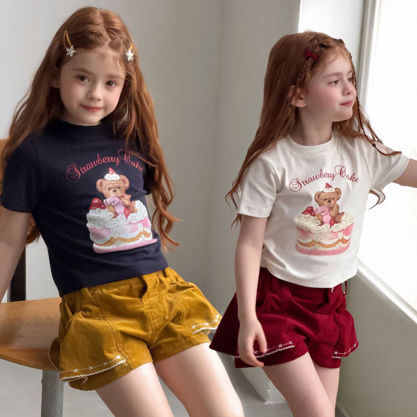 女童卡通小熊蛋糕印花短袖T恤圆领简约百搭短款上衣夏季复古裙裤