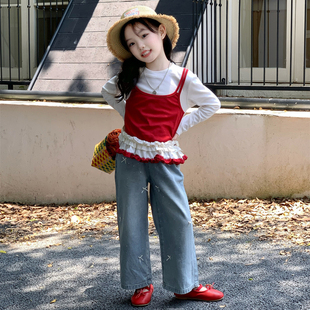 女童长袖t恤2026新款春装儿童宝宝夏季假两件木耳边上衣牛仔裤子