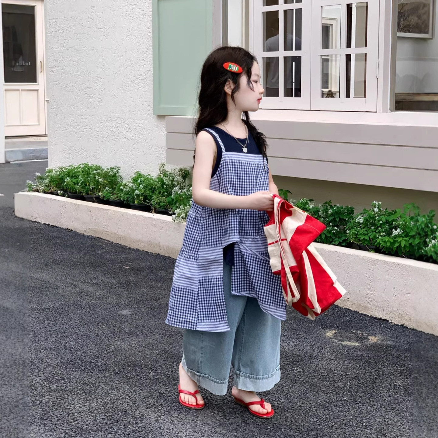 韩版格子拼接吊带裙气质清凉夏季新款女童洋气棉质连衣裙牛仔裤子