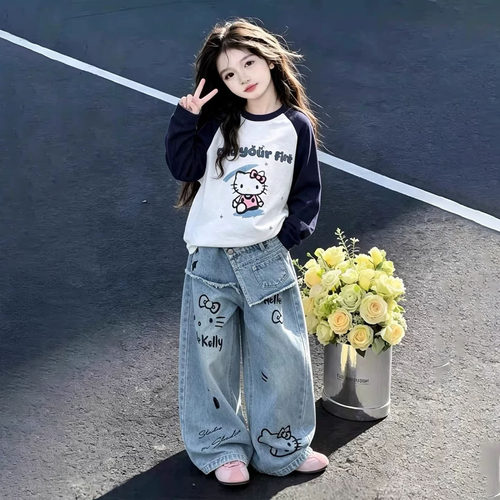 女童春秋套装2026新款儿童洋气卡通长袖t恤秋季大童牛仔阔腿裤子