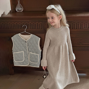 秋冬女童甜美荷叶边毛衣裙儿童女宝宝纯色毛线连衣裙内搭针织裙潮