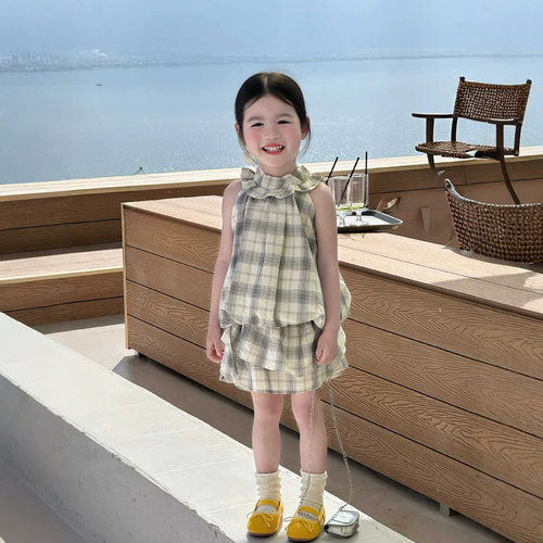 女童夏套装2026新款韩系风格宝宝薄款小女孩格子背心半身裙两件套