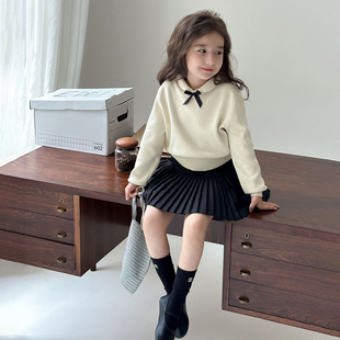 2025女童乖乖小香风蝴蝶结翻领针织上衣蝴蝶结百褶裙套装 毛衣 韩版