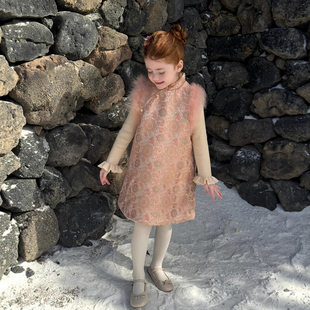 女童新中式 鸵鸟毛旗袍背心裙女宝宝拜年服儿童新年棉服连衣裙子潮