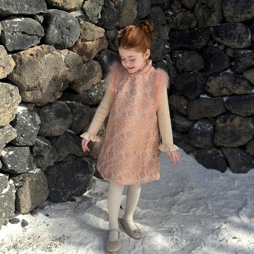 女童新中式鸵鸟毛旗袍背心裙