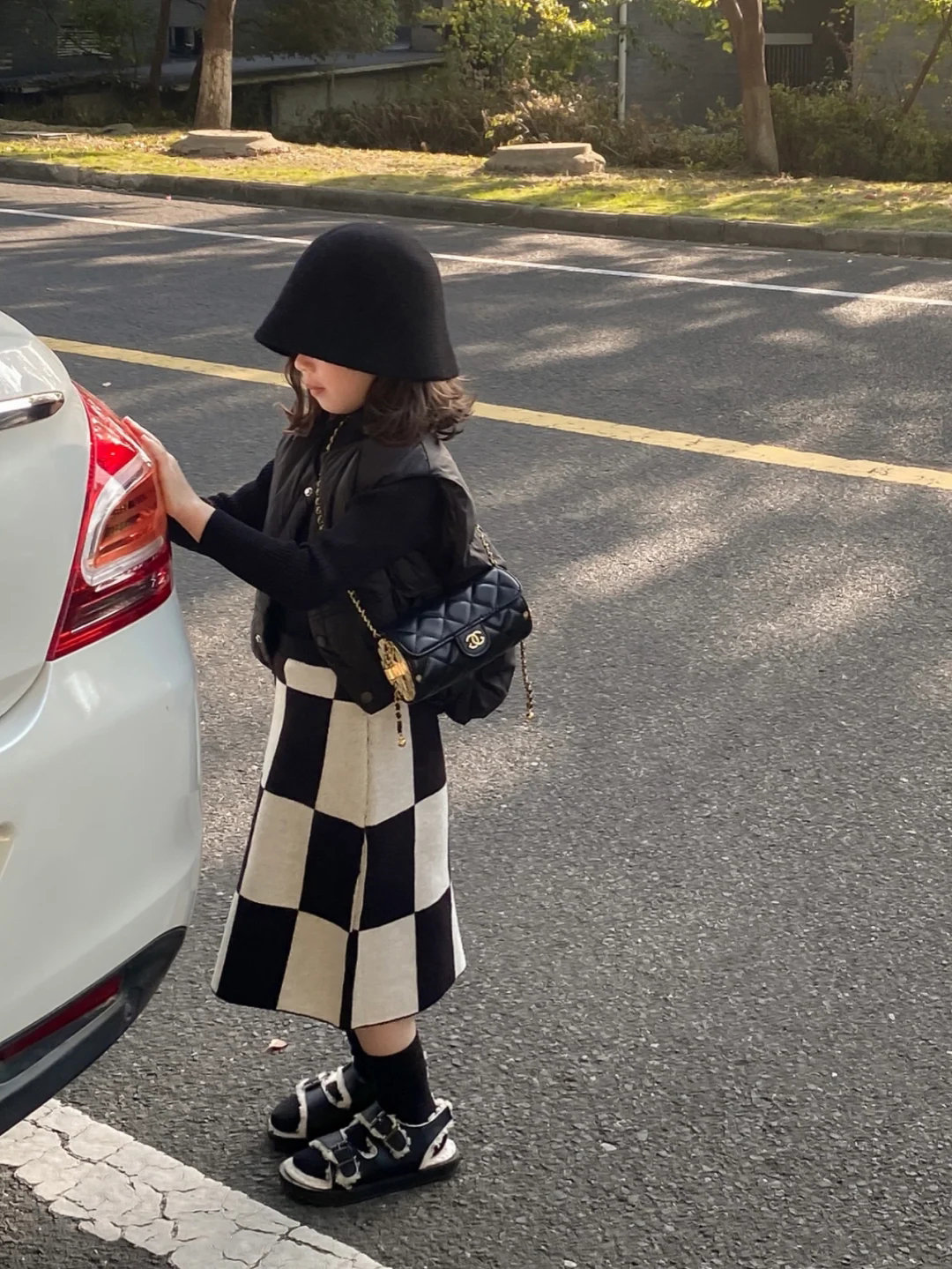 女童棋盘格半裙洋气羽绒马甲