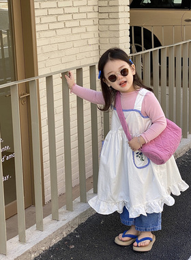 春夏韩版女童撞色花边刺绣背带裙 女童连衣裙