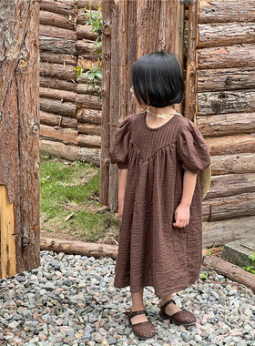 夏季韩版女童纱布压褶泡泡袖连衣裙 女童复古森系公主裙