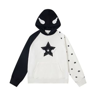 复古卡通星星印花连帽卫衣秋冬宽松慵懒风上衣 RHBSW美式