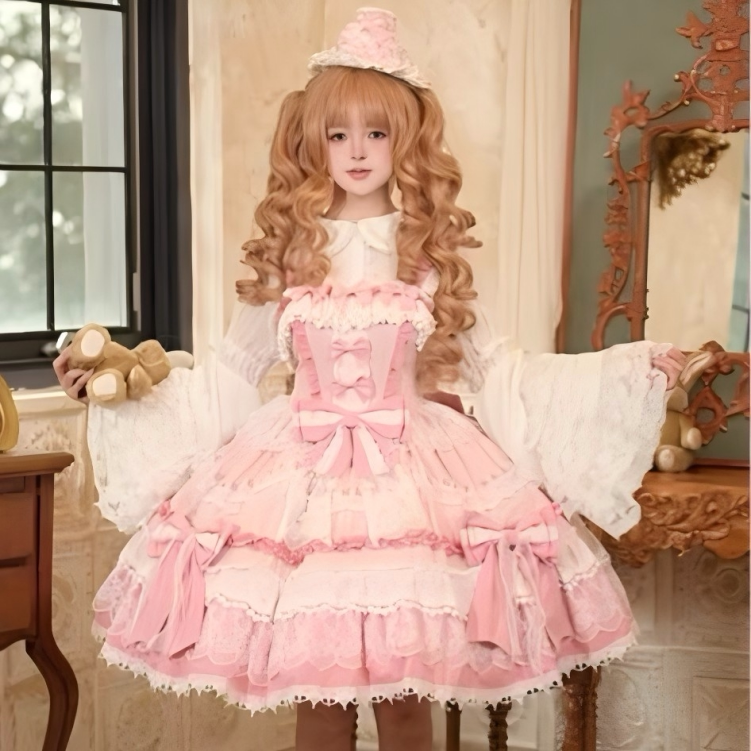 FTXW蕾丝蝴蝶结吊带Lolita洋装毛绒斗篷蓬蓬裙撑甜系洛丽塔全套