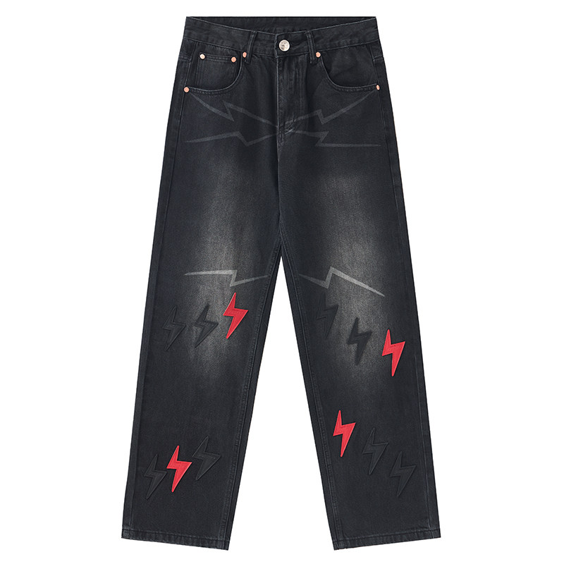 美式高街水洗闪电拼皮牛仔裤男女同款2025秋季潮牌宽松直筒长裤子