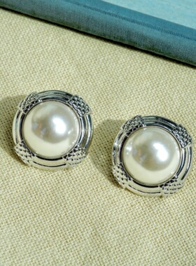 《沧珠》vintage复古风珍珠圆盘耳饰 银色高级小香风无耳洞大耳夹
