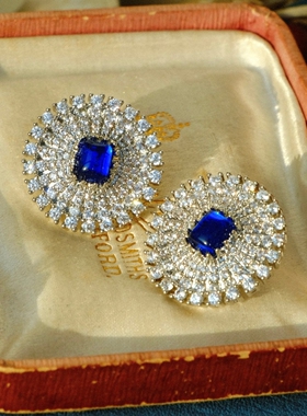 古董线《戴妃蓝宝》vintage复古蓝琉璃圆形耳饰 满镶锆石华丽耳夹