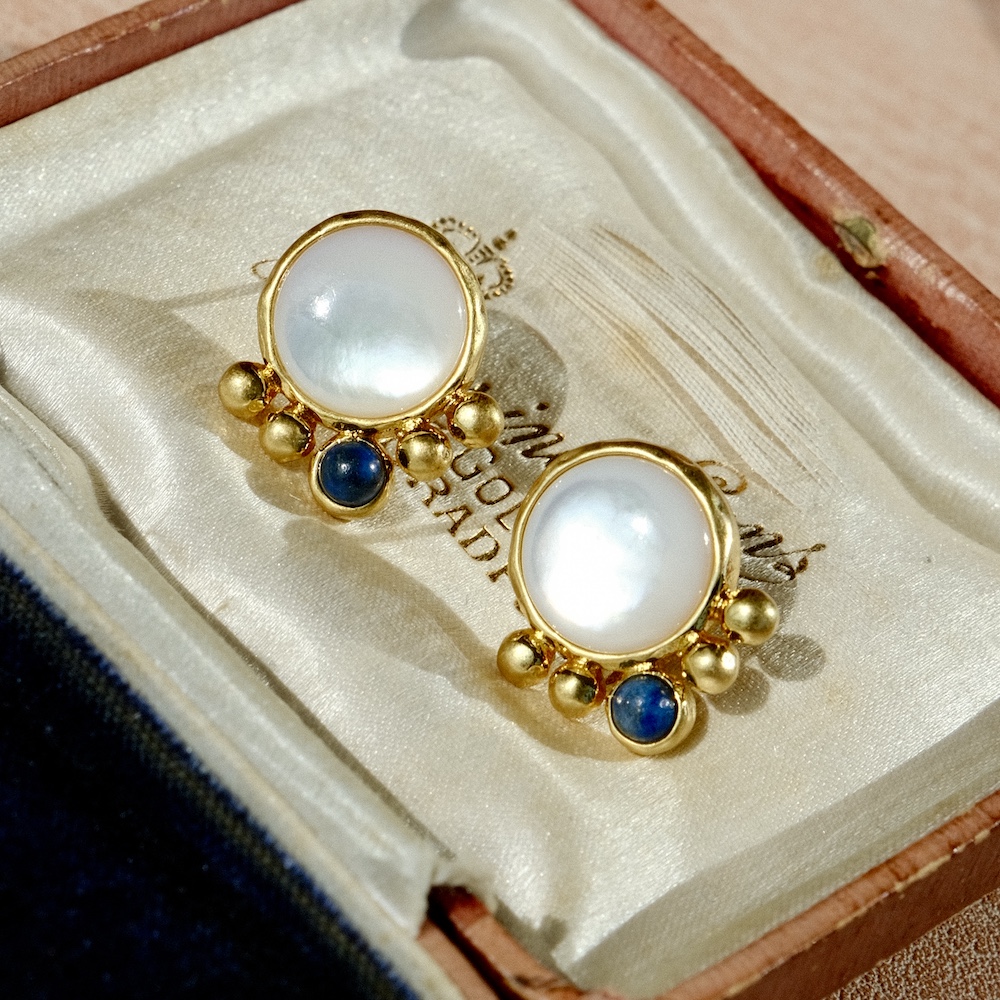 《珠络》vintage复古青金石贝母耳饰 气质优雅通勤百搭无耳洞耳夹