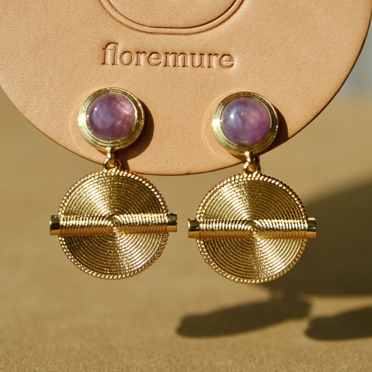 《年轮》原创复古紫水晶吊坠耳饰 圆盘金属肌理异域风情耳钉耳夹