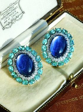 古董线《多洛米蒂》经典复刻蓝色琉璃耳饰 彩锆满镶椭圆耳钉耳夹
