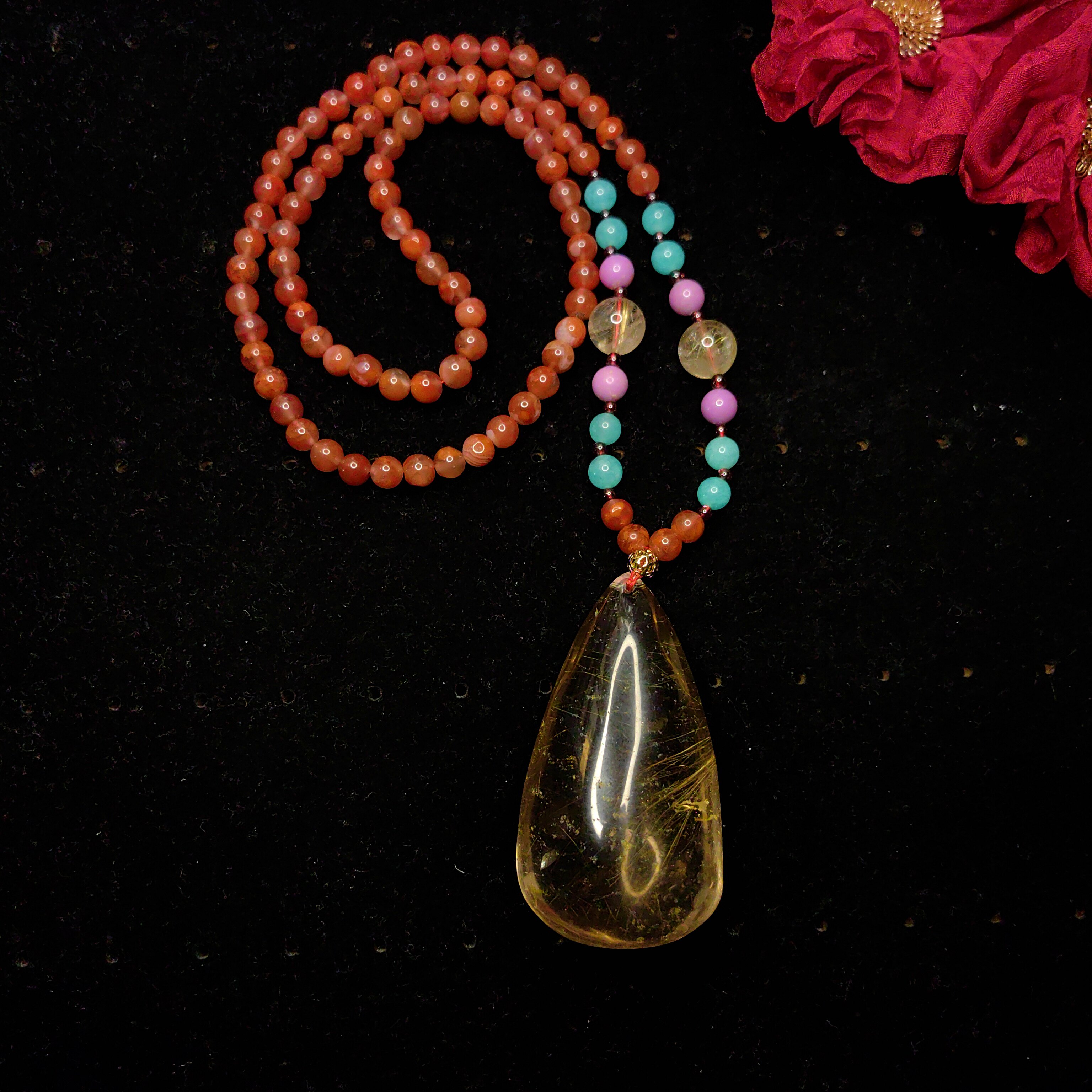 天然南红玛瑙珠链金发晶吊坠水晶项链串珠长款毛衣链手工饰品