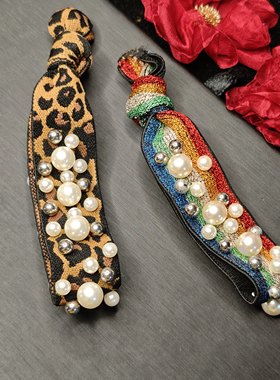 豹纹彩虹珍珠钉珠打结皮筋宽发带发圈弹性一般橡皮筋有瑕疵