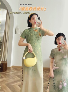 【诗词旗袍】国风新中式改良旗袍女小个子年轻款黄鹂翠柳青松白鹭