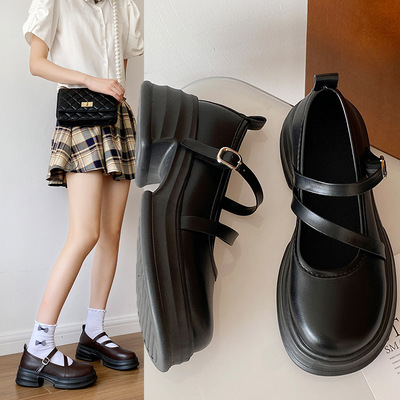 乐福鞋女2025春季新款罗马风粗跟厚底一字带休闲复古黑色小皮鞋子