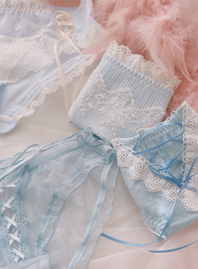 薄荷奶霜~柔软蕾丝甜美刺绣内裤纯欲蓝色仙女丝带蝴蝶结三角裤