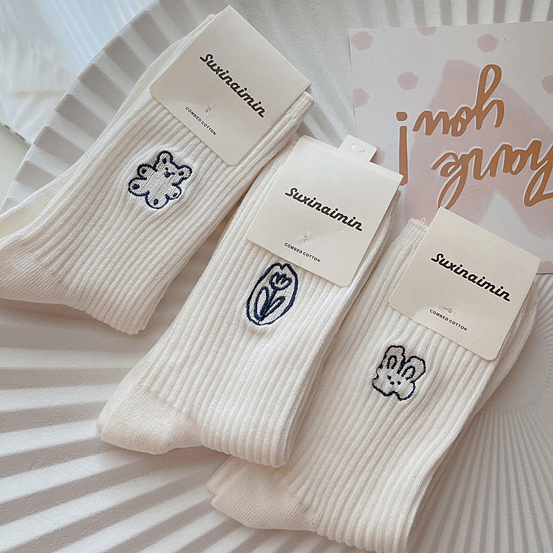 中筒袜纯棉堆堆袜细条纹袜