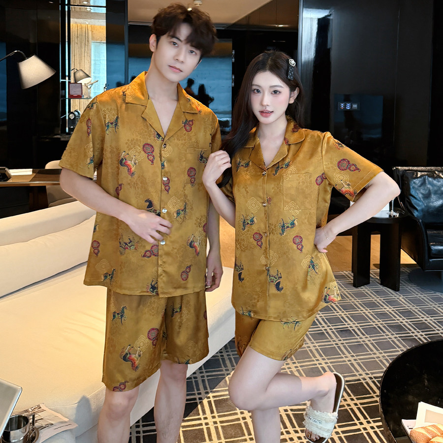 夏季冰丝国潮情侣短袖睡衣套装