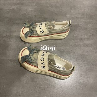 七七主人家 牛仔帆布鞋女款低帮魔术贴女鞋2025秋季时尚复古板鞋