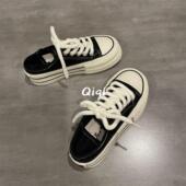 七七主人家黑色鞋 女后跟可踩厚底懒人半拖 帆布鞋 子女夏季 2023新款