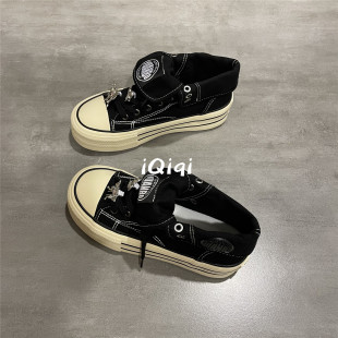 七七主人家 黑色帆布鞋女高帮鞋子女厚底2025巨好看的女鞋ins百搭