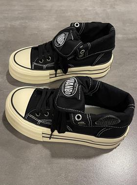 七七主人家 黑色高帮帆布鞋女2024秋季新款爆款女鞋高街板鞋ins潮