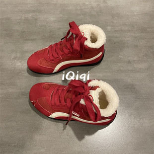 七七主人家 反毛绒高帮帆布鞋女款红色加绒保暖鞋子女冬季棉鞋女