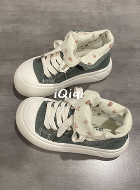 七七主人家 圆头丑萌高帮帆布鞋女夏季透气薄款牛仔板鞋厚底百搭