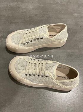 七七主人家 米色百搭简约镂空透气低帮帆布鞋女夏季两穿踩跟鞋子