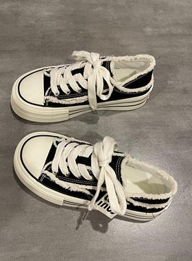 七七主人家 黑色流苏原创小众设计帆布鞋女2024夏季两穿踩跟板鞋