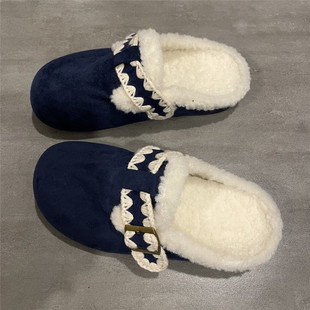 七七主人家 棉鞋女深蓝色休闲包头勃肯鞋女冬季加绒保暖棉拖鞋女