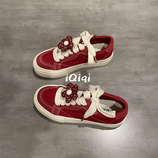 七七主人家 大红色鞋子女巨好看的帆布鞋女款2025新款年轻人布鞋