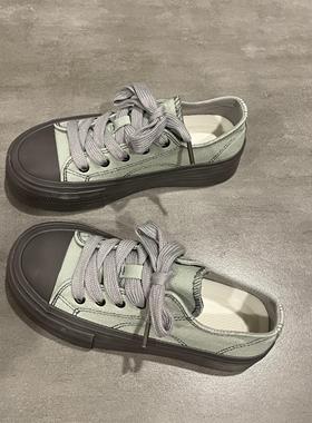 七七主人家 复古灰色帆布鞋女2024夏季学院风休闲韩系百搭板鞋女