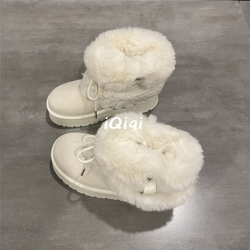 白色毛绒厚底雪地靴女