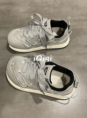 七七主人家 丑萌鞋子女2025秋季新款爆款户外跑步运动鞋女复古灰