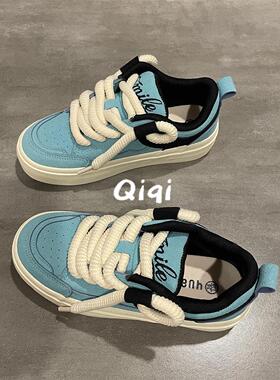 七七主人家原创设计湖水蓝女鞋2023春季新款帆布鞋女美式复古板鞋